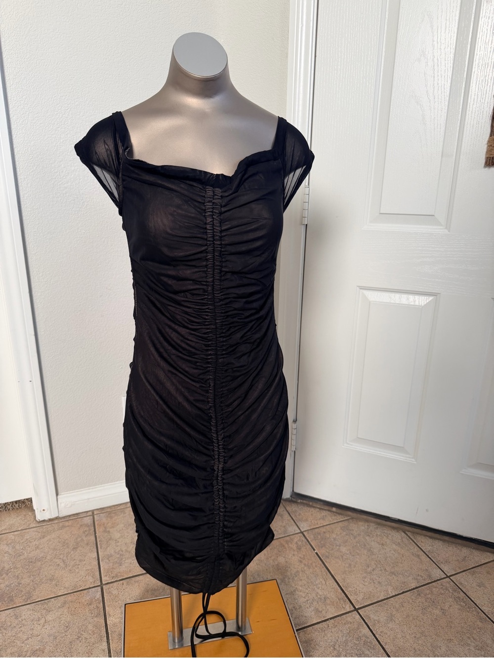 Fashion Nova Black Ruched Cap-Sleeve Mini Dress